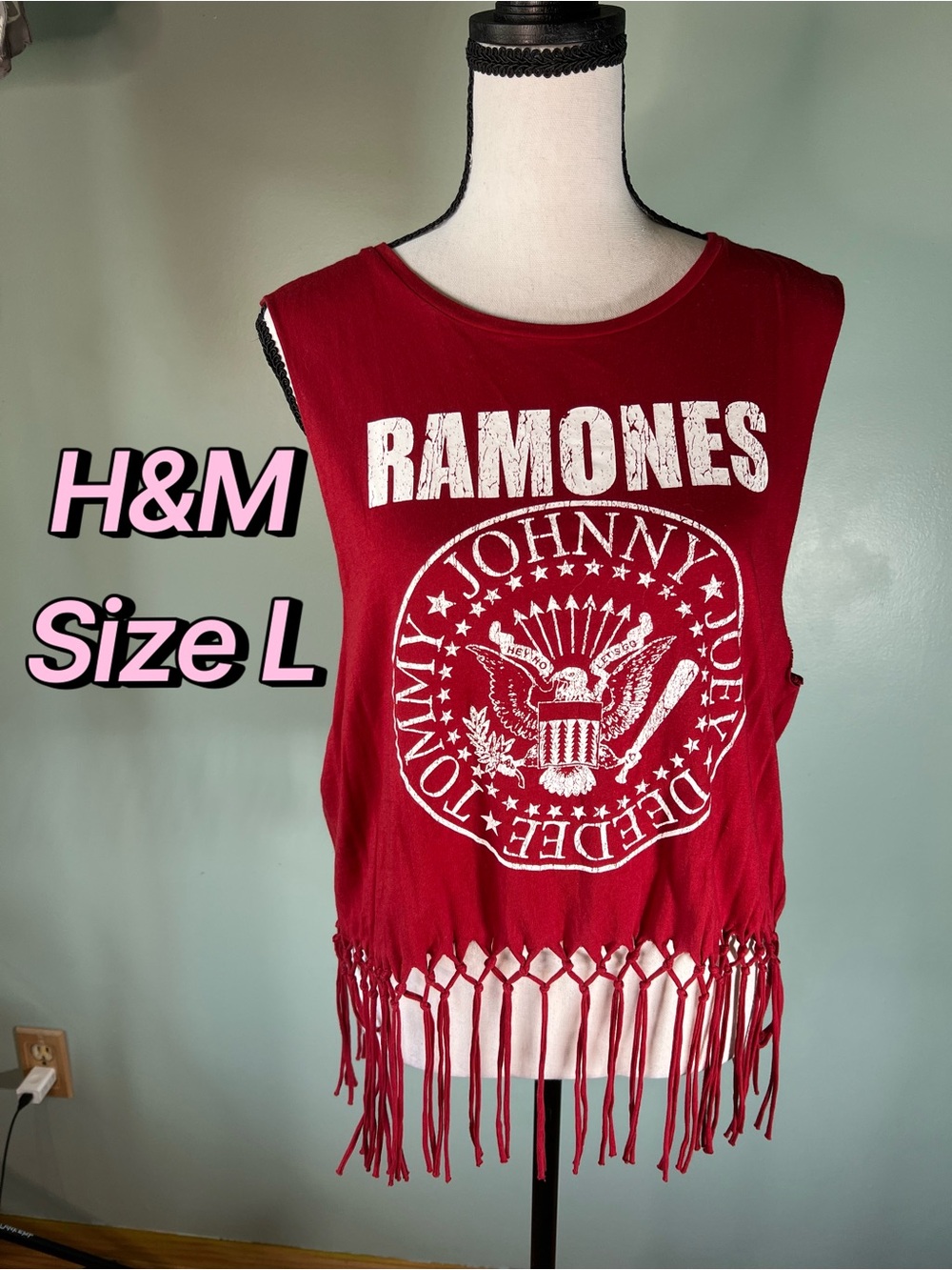 H&M Red Ramones Fringe Crop Tank Top Size L